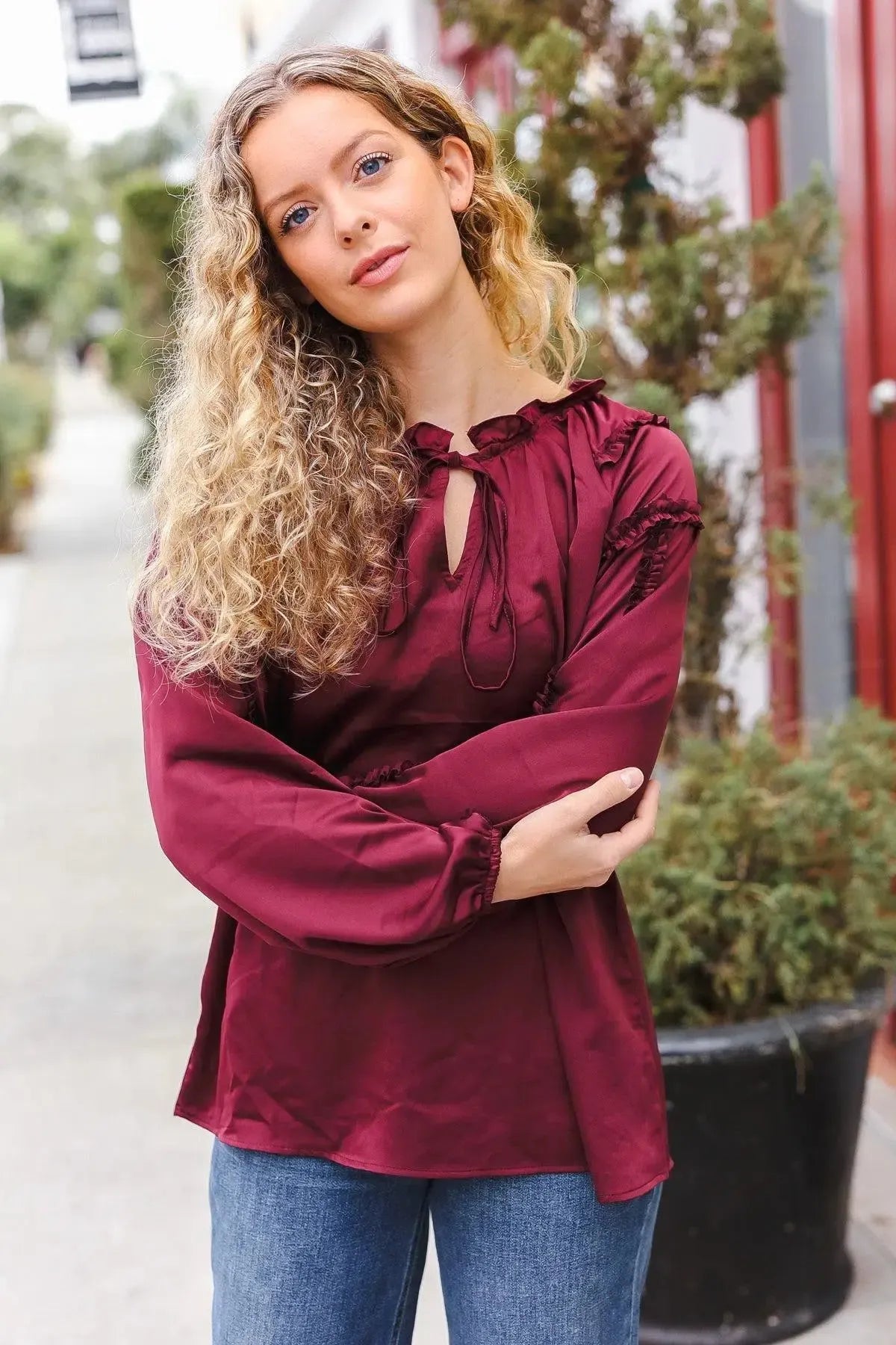 Holiday Vibes Burgundy Frill Detail Tie Neck Satin Top-Evelyns Fashion