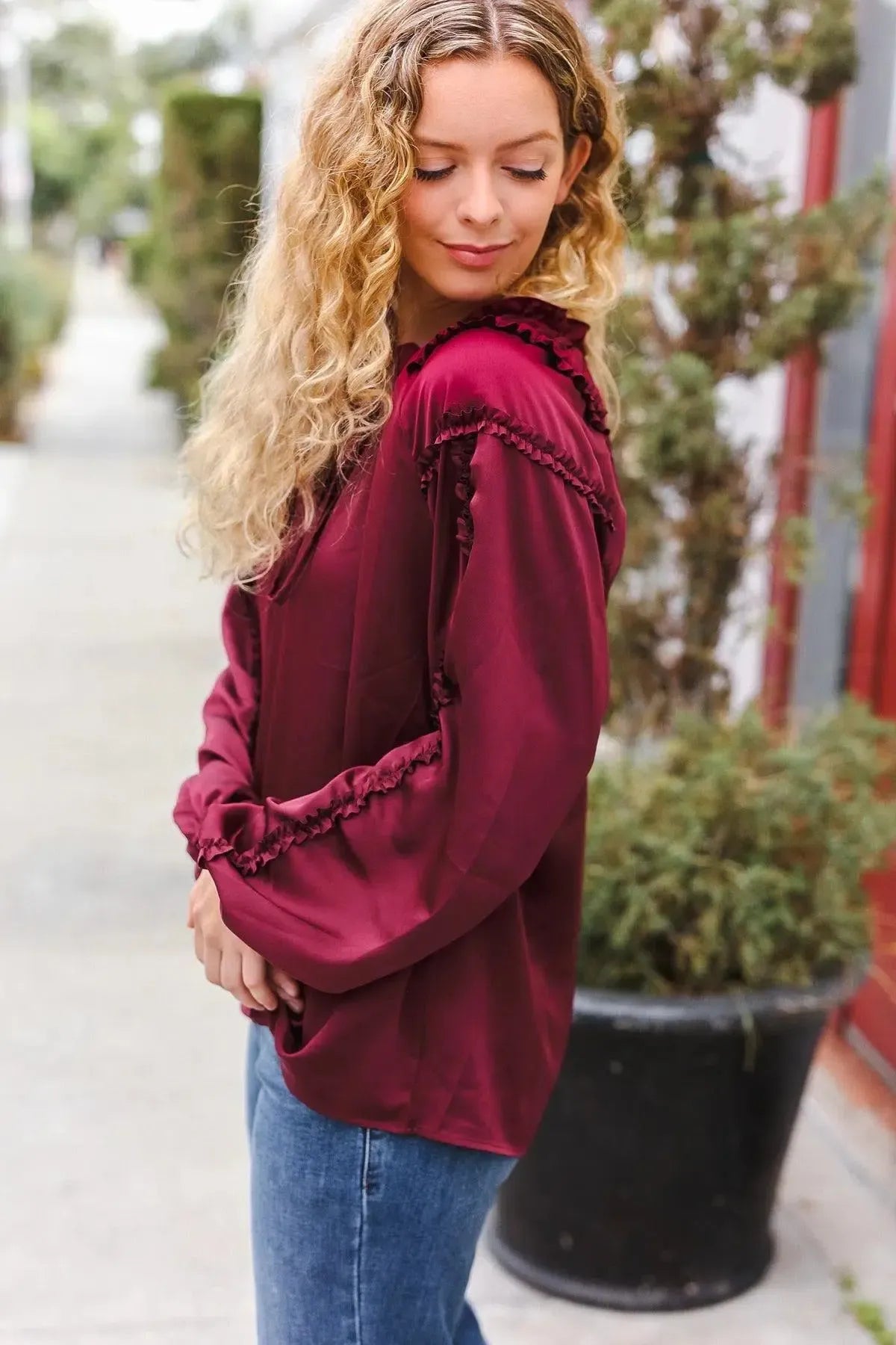 Holiday Vibes Burgundy Frill Detail Tie Neck Satin Top-Evelyns Fashion