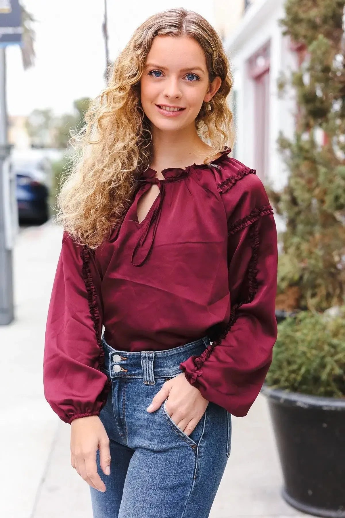 Holiday Vibes Burgundy Frill Detail Tie Neck Satin Top-Evelyns Fashion