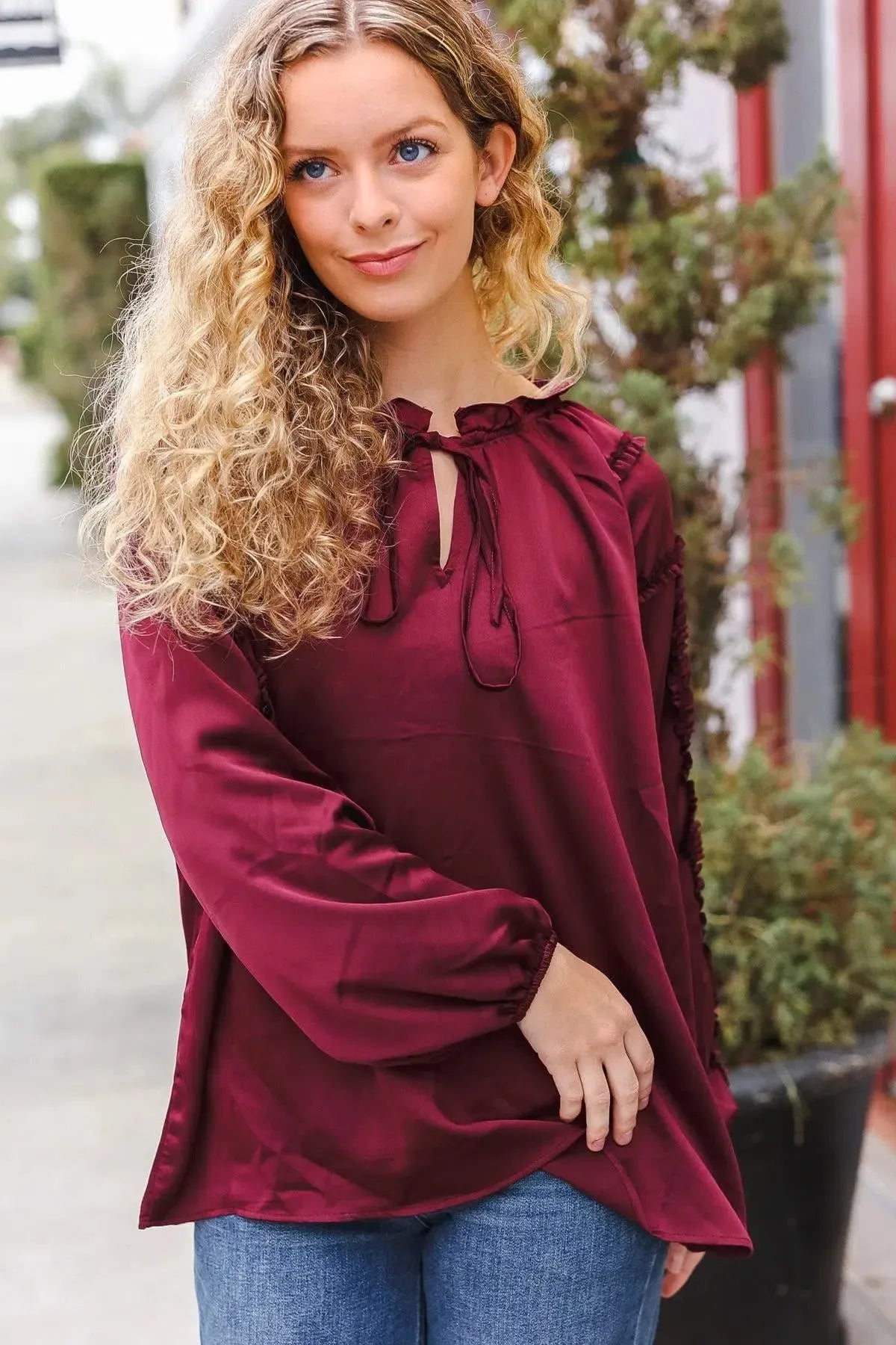 Holiday Vibes Burgundy Frill Detail Tie Neck Satin Top-Evelyns Fashion