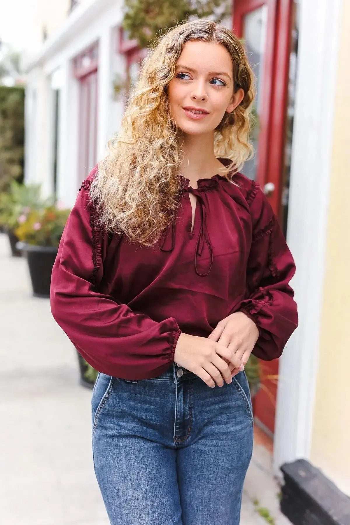 Holiday Vibes Burgundy Frill Detail Tie Neck Satin Top-Evelyns Fashion