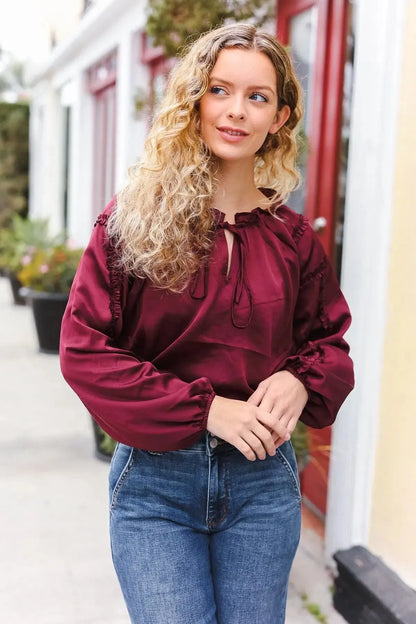 Holiday Vibes Burgundy Frill Detail Tie Neck Satin Top-Evelyns Fashion