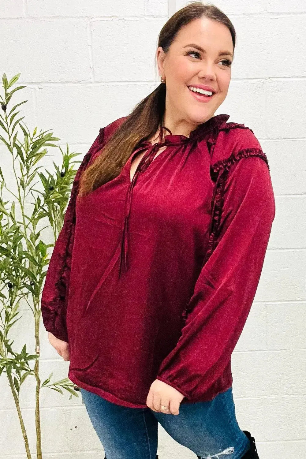 Holiday Vibes Burgundy Frill Detail Tie Neck Satin Top-Evelyns Fashion