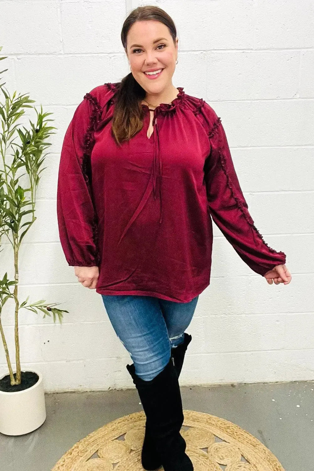 Holiday Vibes Burgundy Frill Detail Tie Neck Satin Top-Evelyns Fashion