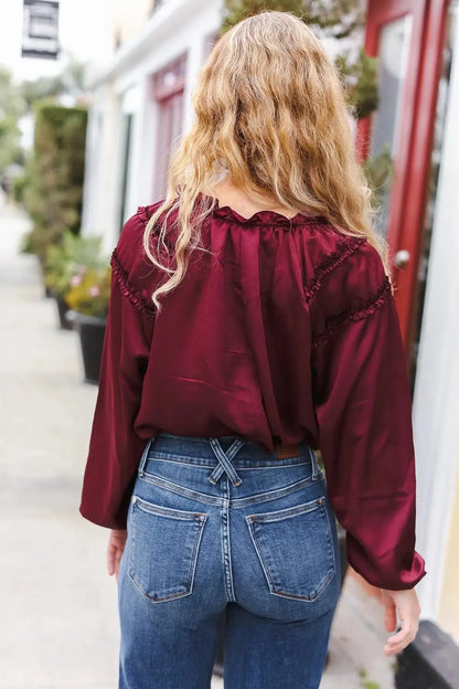 Holiday Vibes Burgundy Frill Detail Tie Neck Satin Top-Evelyns Fashion