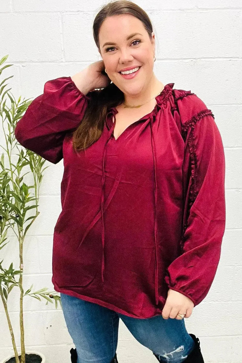 Holiday Vibes Burgundy Frill Detail Tie Neck Satin Top-Evelyns Fashion