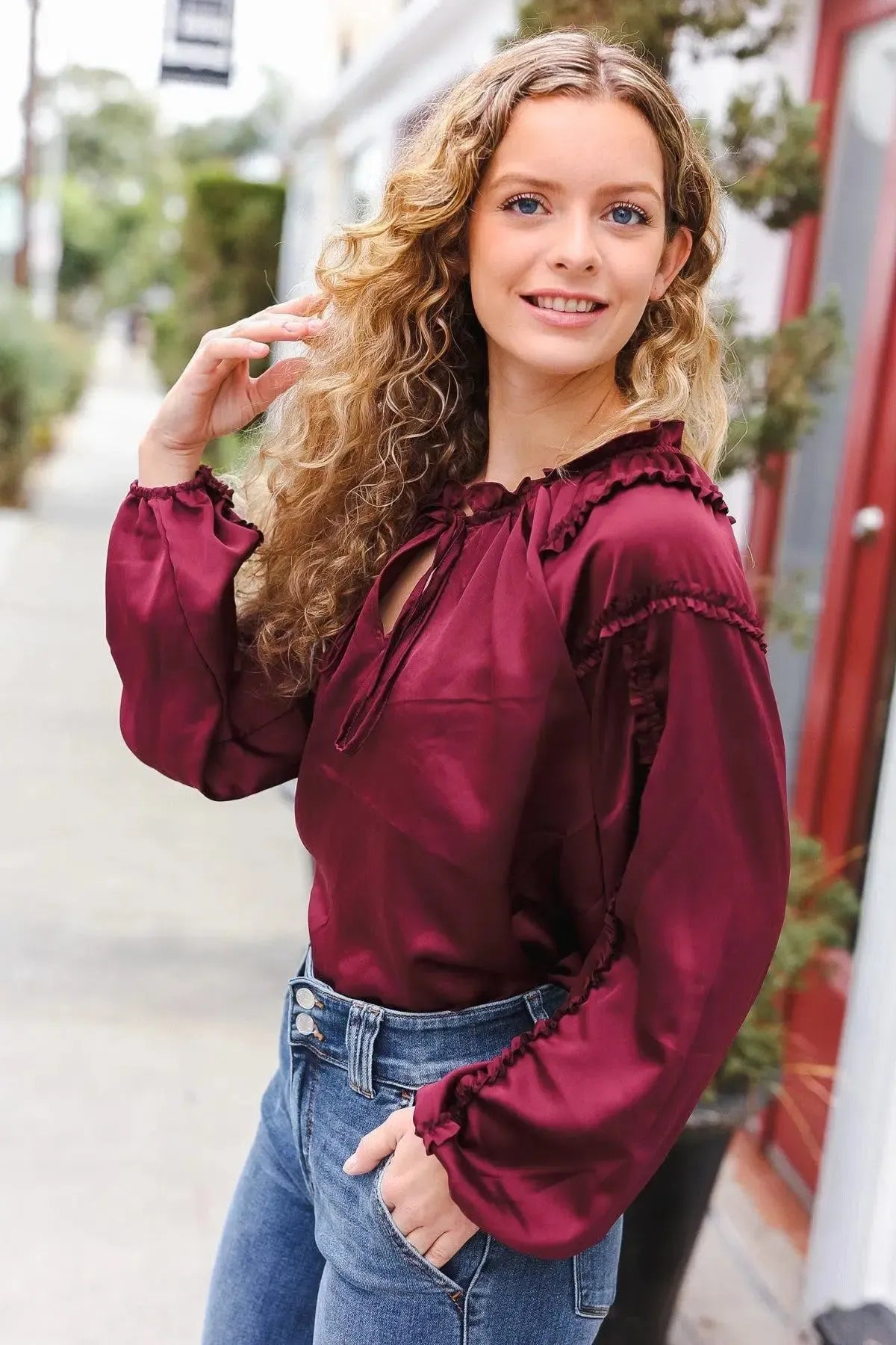 Holiday Vibes Burgundy Frill Detail Tie Neck Satin Top-Evelyns Fashion