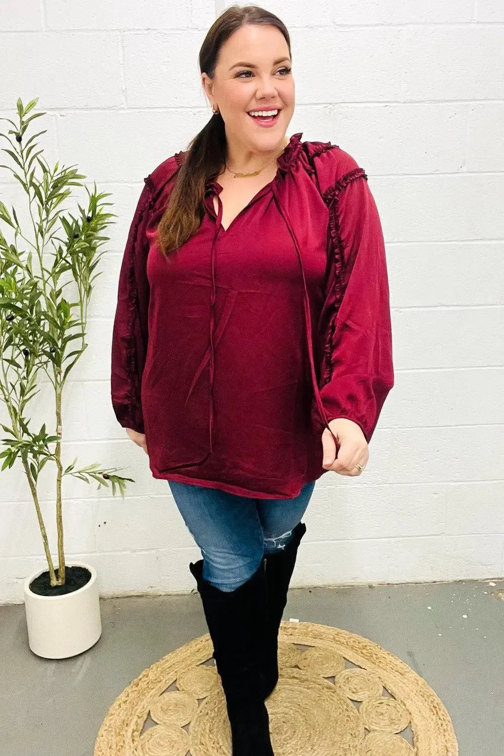 Holiday Vibes Burgundy Frill Detail Tie Neck Satin Top-Evelyns Fashion