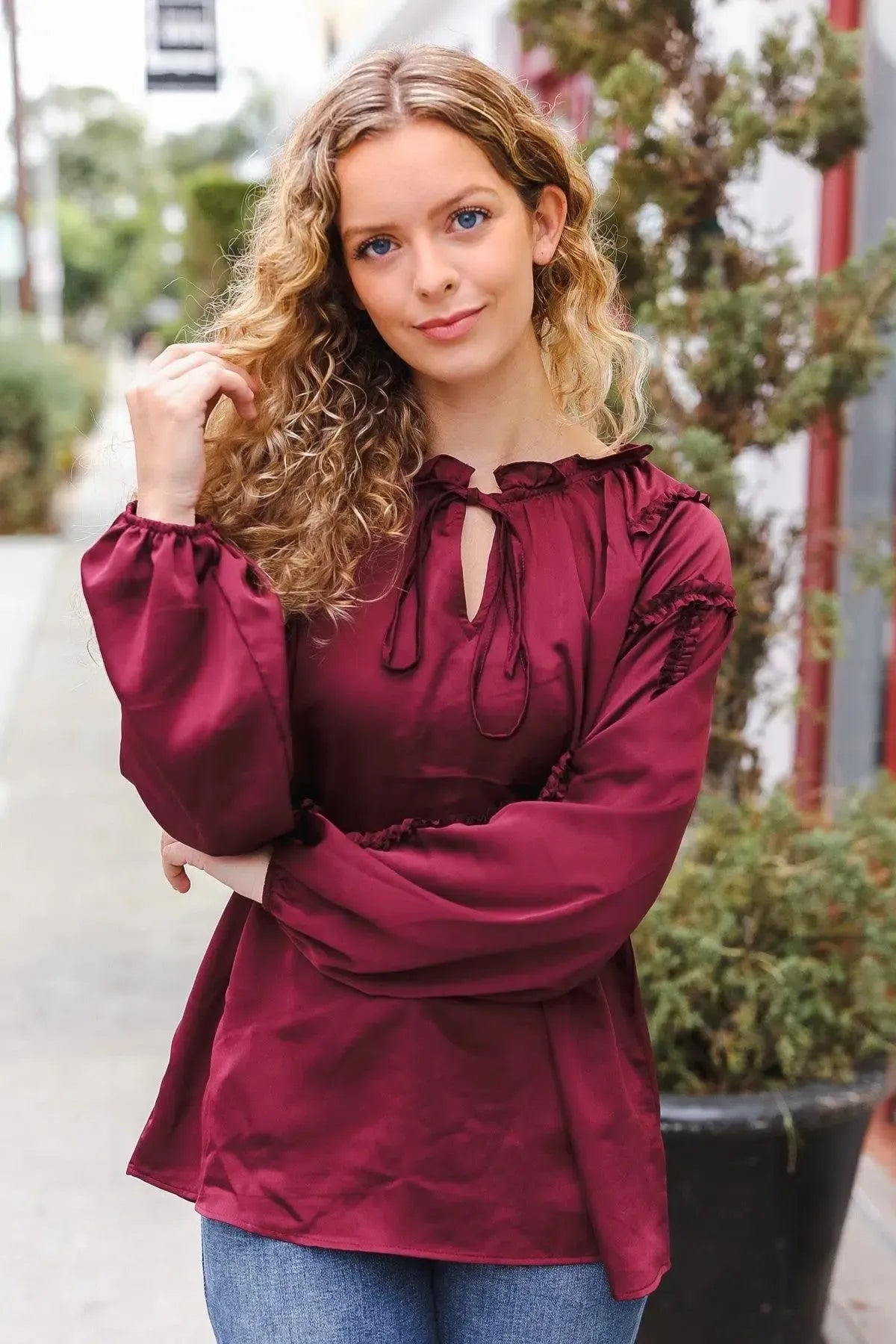 Holiday Vibes Burgundy Frill Detail Tie Neck Satin Top-Evelyns Fashion