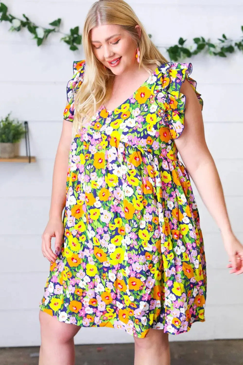 Indigo & Lemon Floral Babydoll Ruffle Dress-Evelyns Fashion