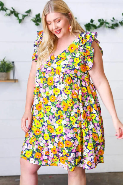 Indigo & Lemon Floral Babydoll Ruffle Dress-Evelyns Fashion