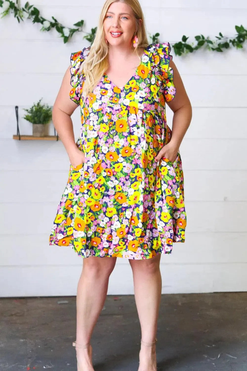 Indigo & Lemon Floral Babydoll Ruffle Dress-Evelyns Fashion