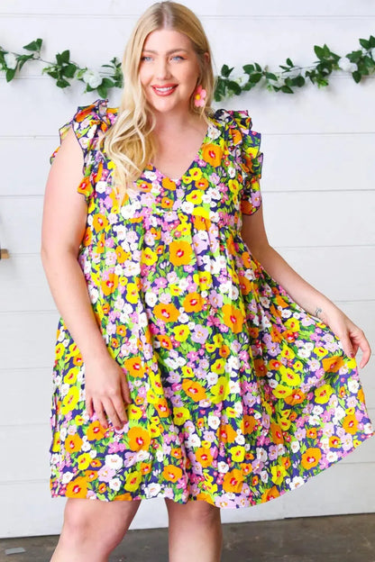 Indigo & Lemon Floral Babydoll Ruffle Dress-Evelyns Fashion
