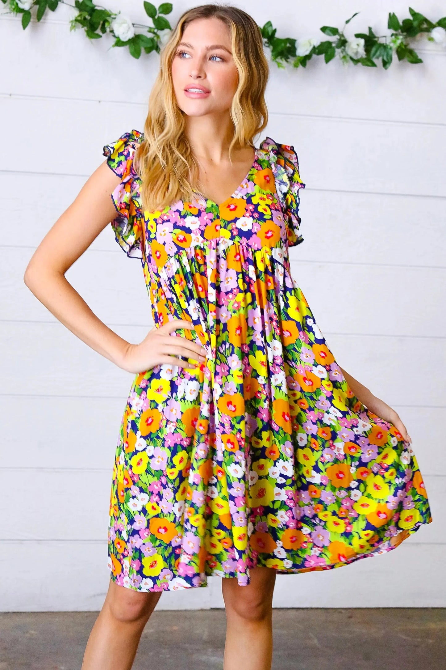 Indigo & Lemon Floral Babydoll Ruffle Dress-Evelyns Fashion