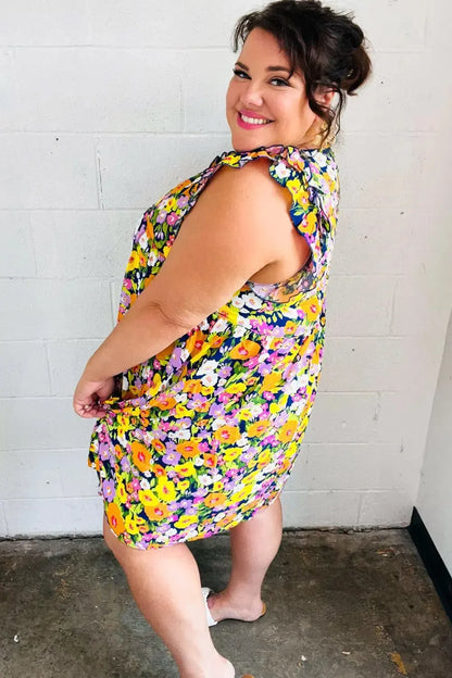Indigo & Lemon Floral Babydoll Ruffle Dress-Evelyns Fashion