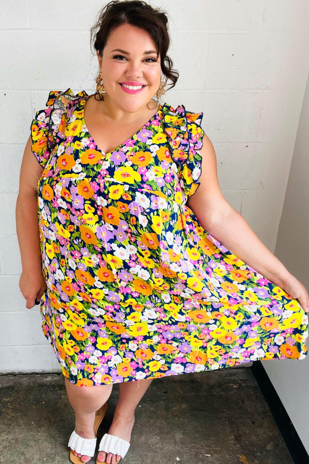 Indigo & Lemon Floral Babydoll Ruffle Dress-Evelyns Fashion