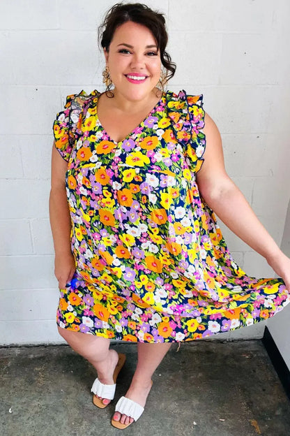 Indigo & Lemon Floral Babydoll Ruffle Dress-Evelyns Fashion