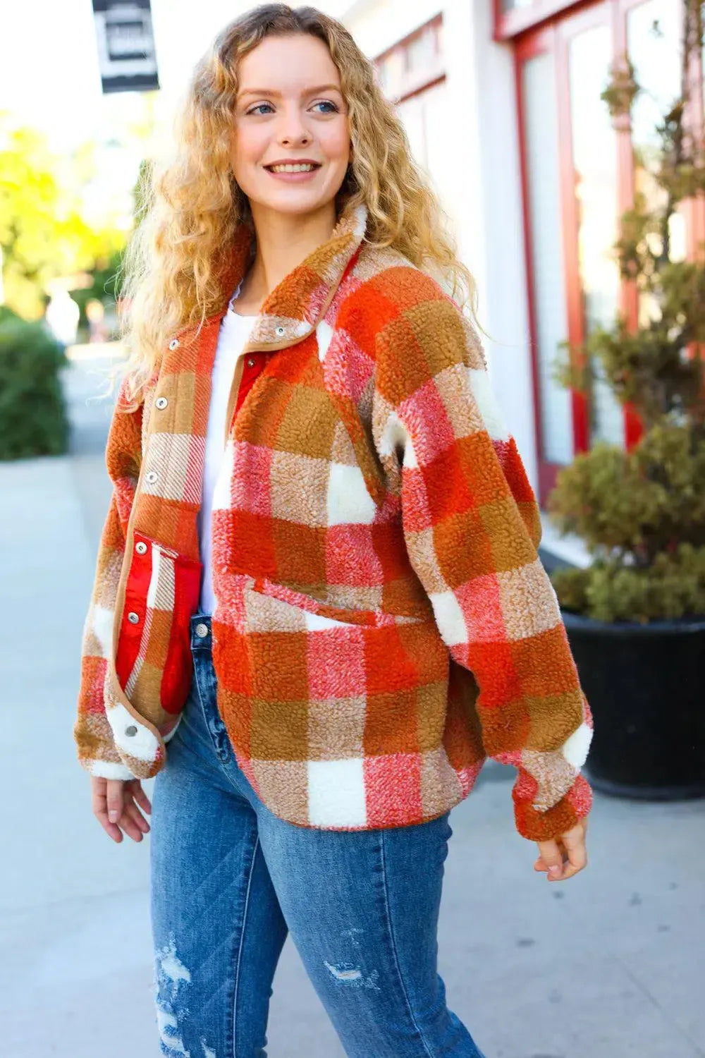 It's Your Best Rust & Camel Plaid Sherpa Button Down Jacket-Evelyns Fashion