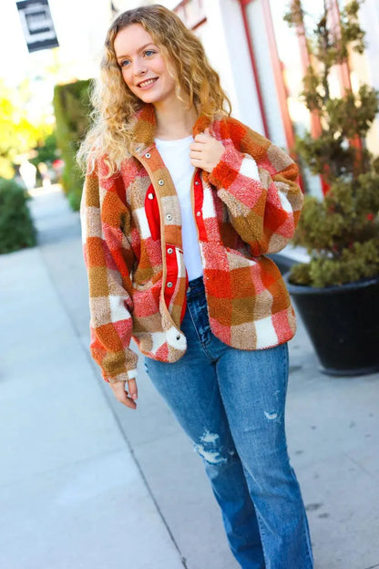 It's Your Best Rust & Camel Plaid Sherpa Button Down Jacket-Evelyns Fashion