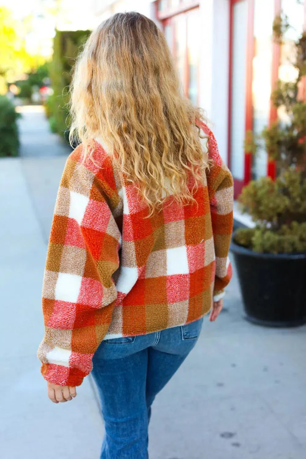 It's Your Best Rust & Camel Plaid Sherpa Button Down Jacket-Evelyns Fashion