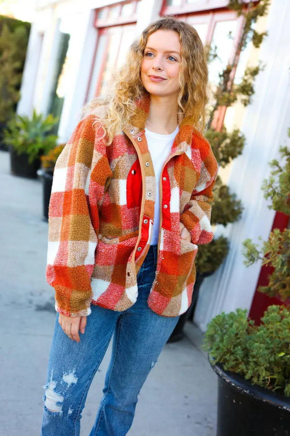 It's Your Best Rust & Camel Plaid Sherpa Button Down Jacket-Evelyns Fashion