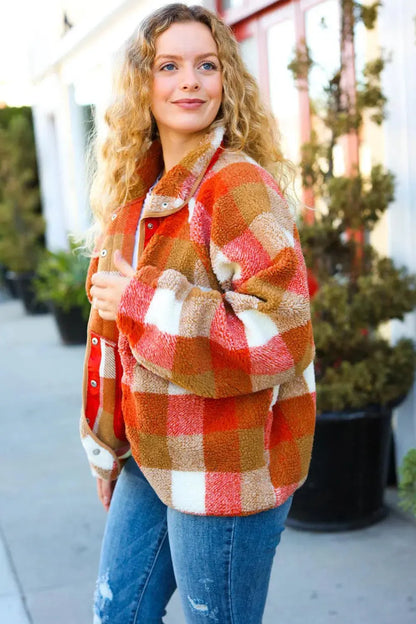 It's Your Best Rust & Camel Plaid Sherpa Button Down Jacket-Evelyns Fashion