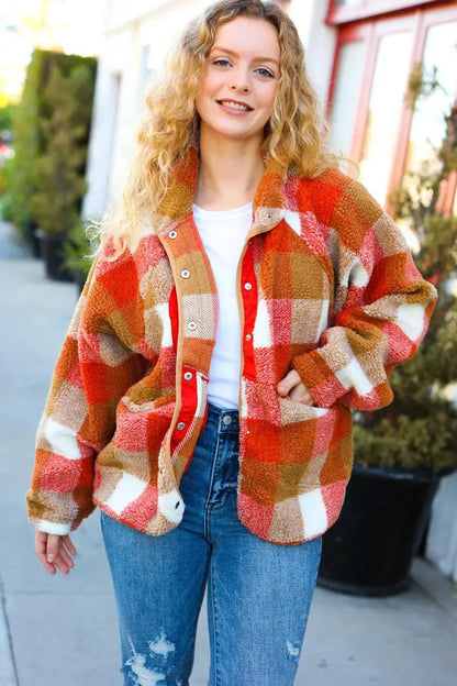 It's Your Best Rust & Camel Plaid Sherpa Button Down Jacket-Evelyns Fashion