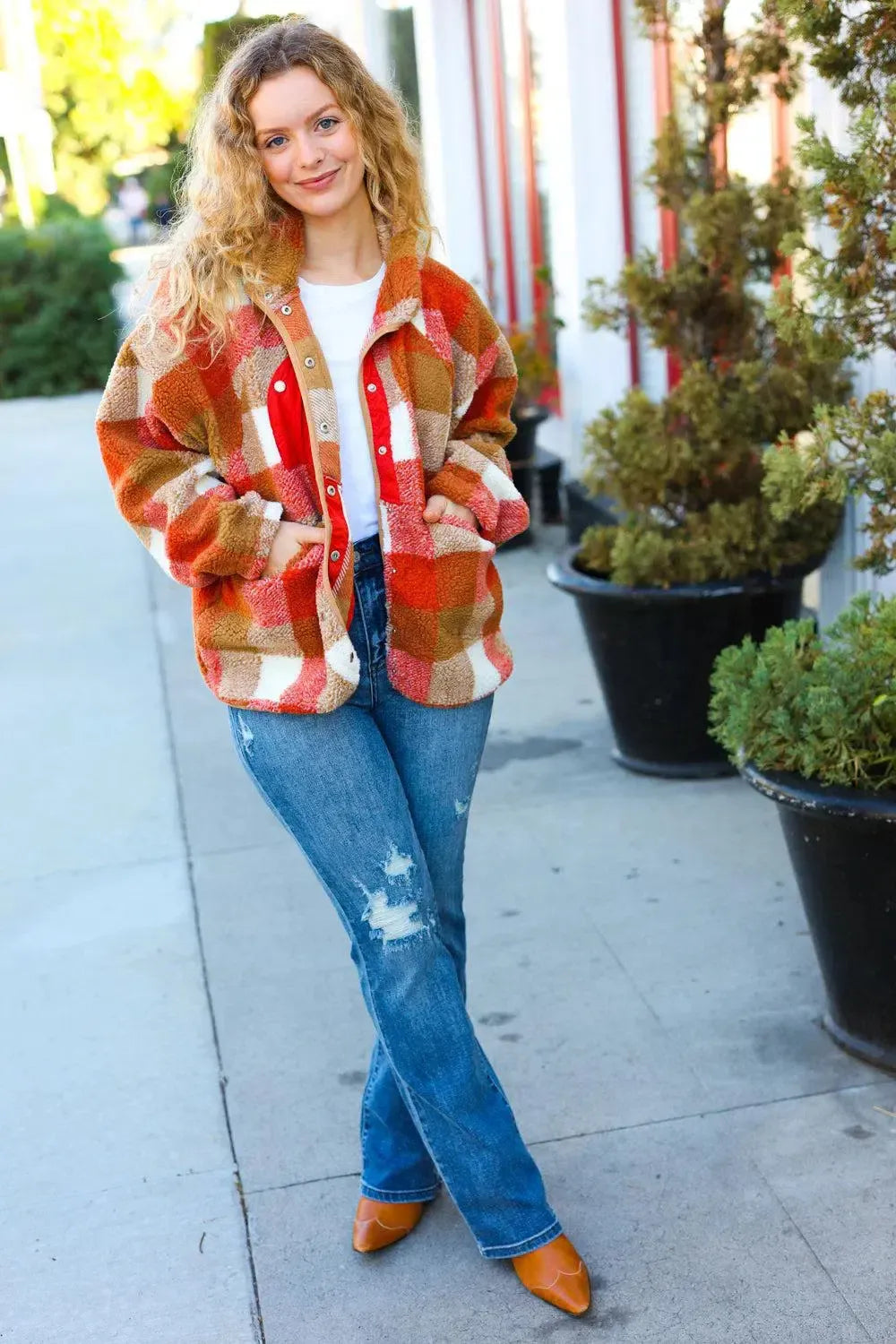It's Your Best Rust & Camel Plaid Sherpa Button Down Jacket-Evelyns Fashion