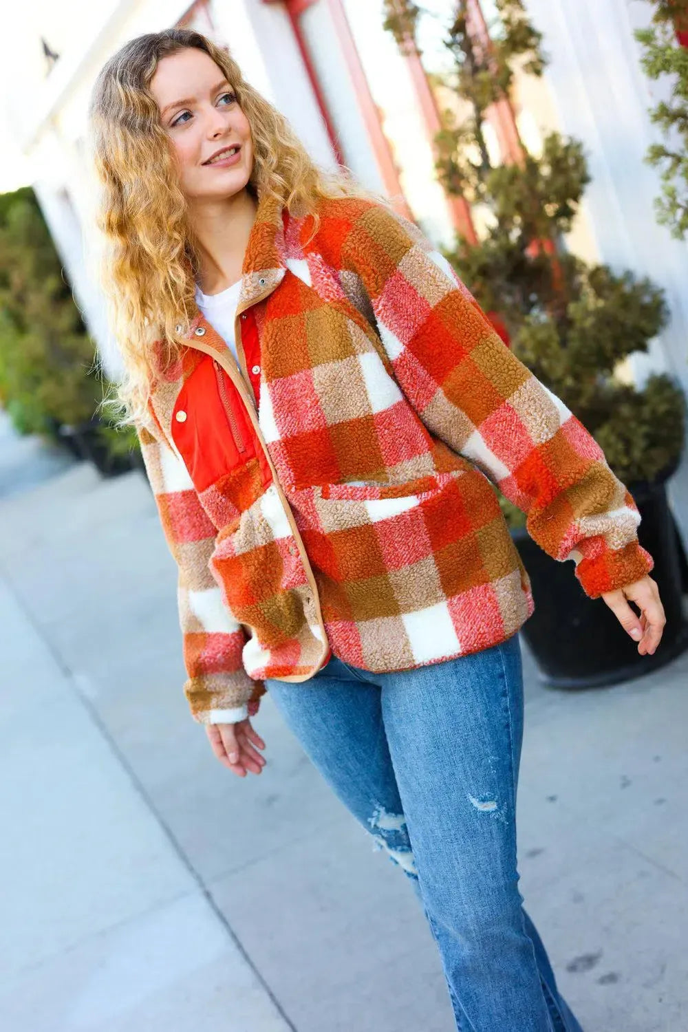 It's Your Best Rust & Camel Plaid Sherpa Button Down Jacket-Evelyns Fashion