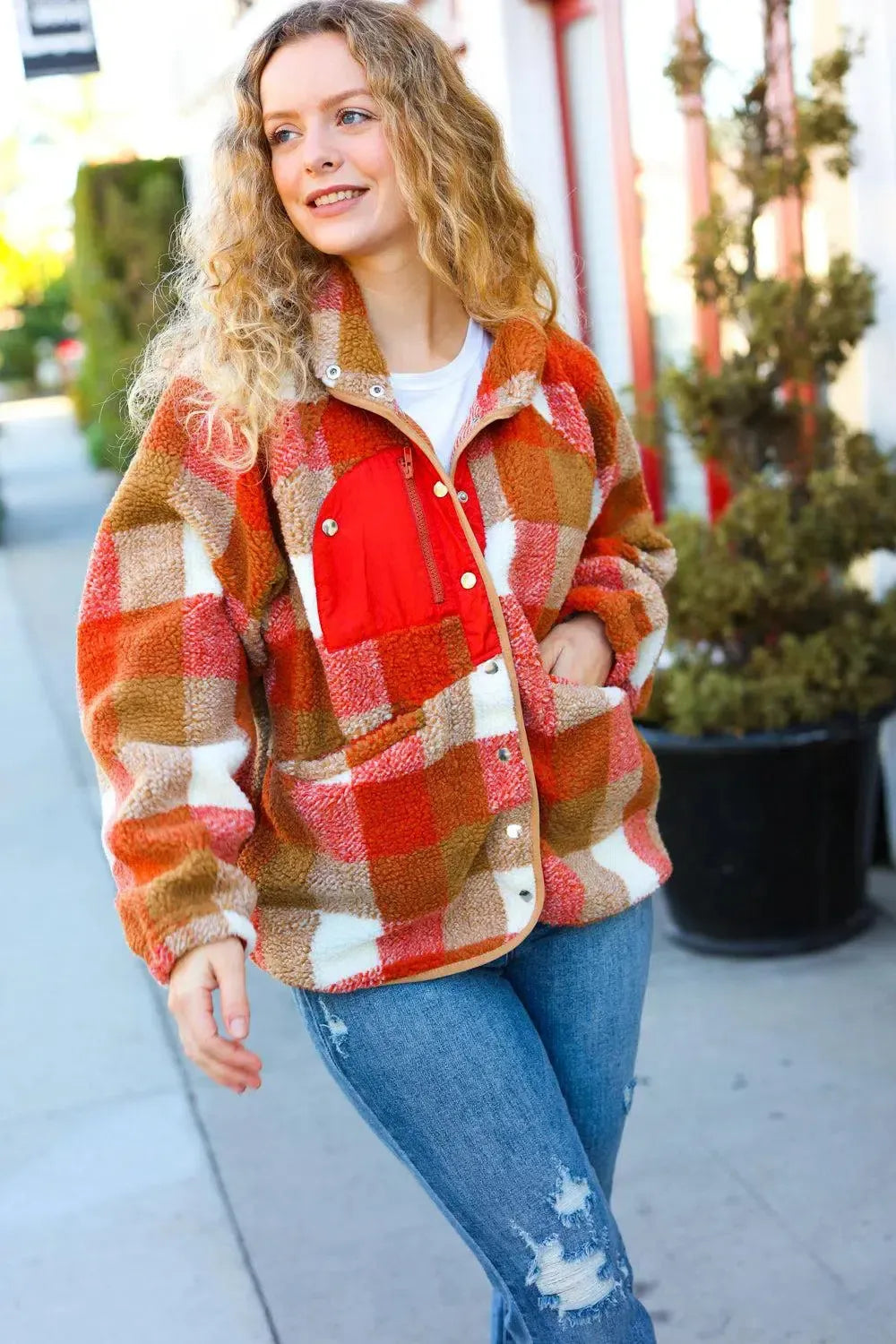 It's Your Best Rust & Camel Plaid Sherpa Button Down Jacket-Evelyns Fashion