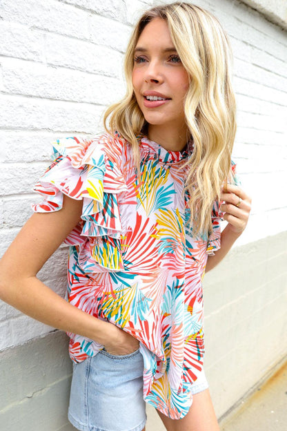 Ivory Abstract Flutter Sleeve Top-Blouses-Evelyns Fashion