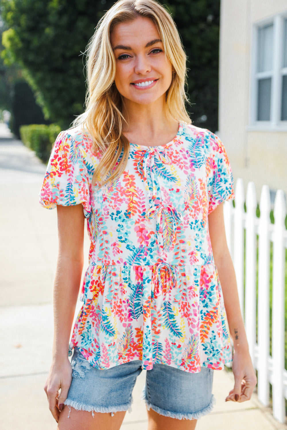 Ivory Floral Short Sleeve Top-Short Sleeve Blouse-Evelyns Fashion