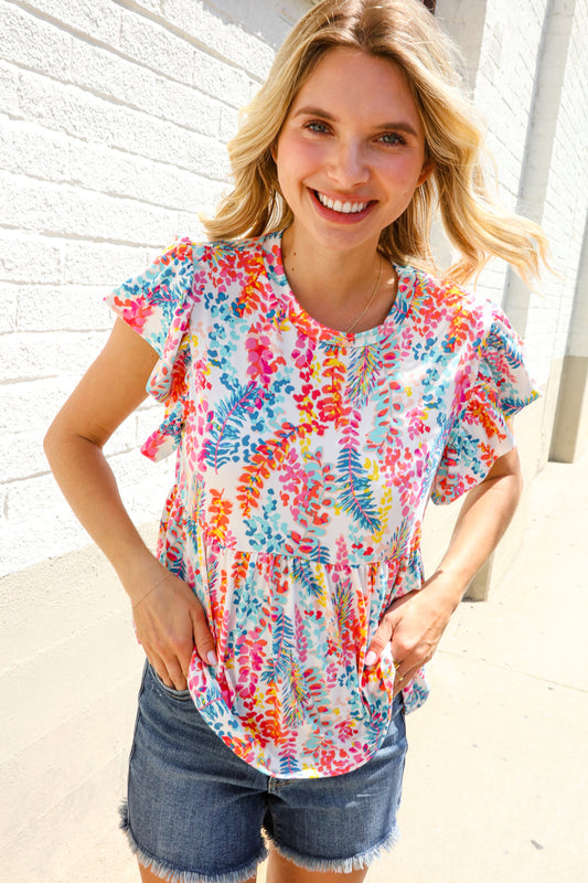 Ivory Floral Short Sleeve Top-Short Sleeve Blouse-Evelyns Fashion