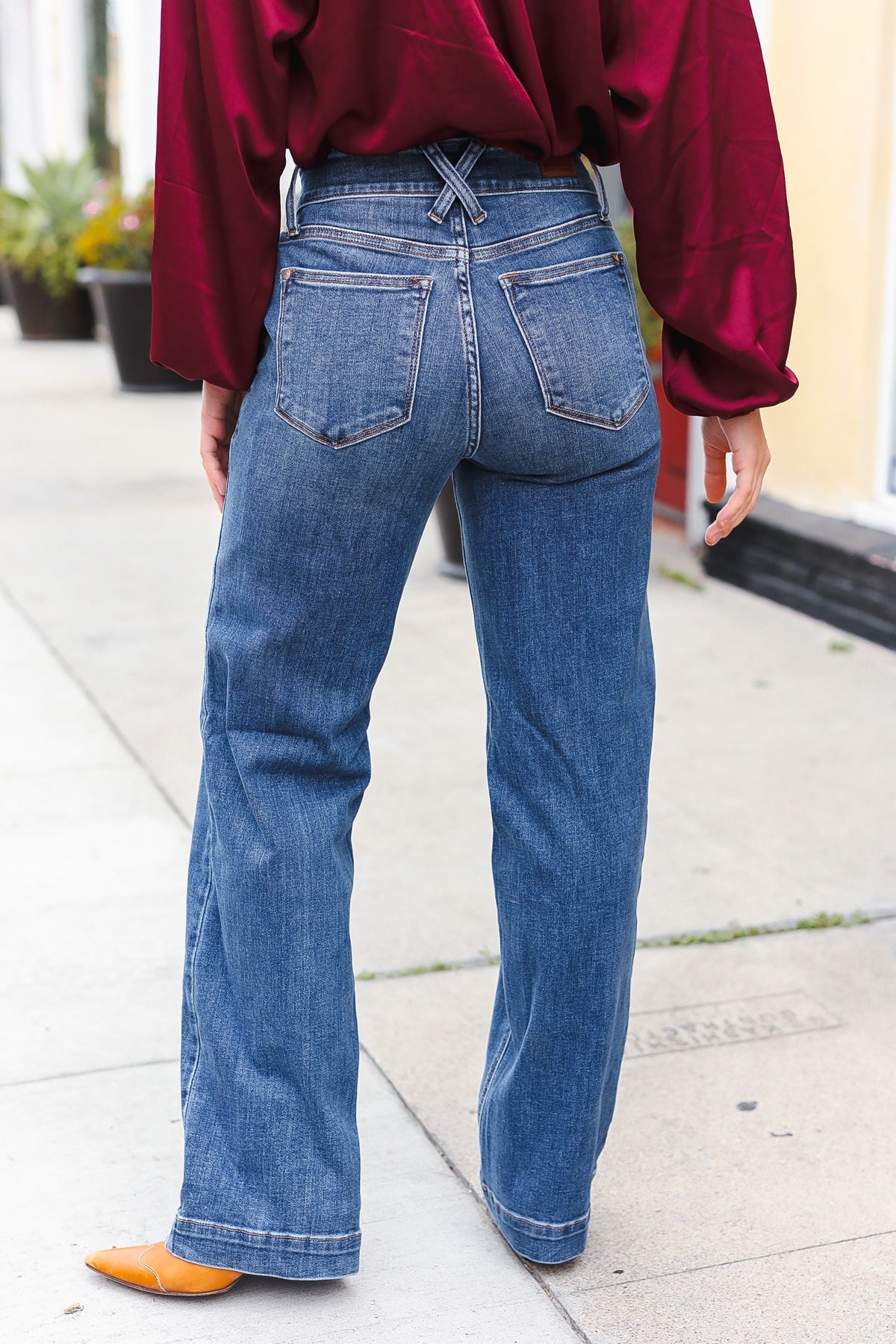 Judy Blue High Rise Double Button Crisscross Detail Wide Leg Jeans-Evelyns Fashion