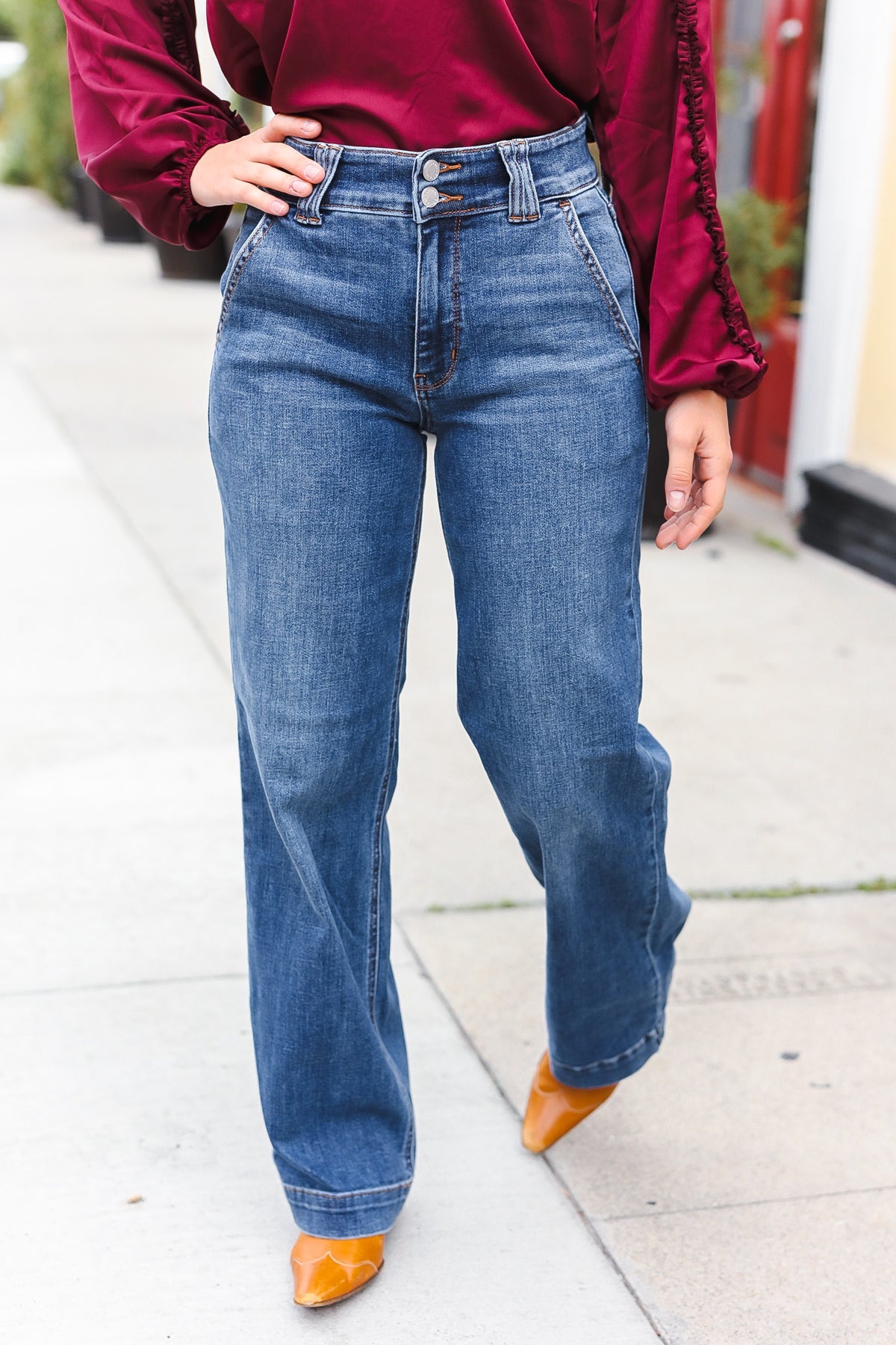 Judy Blue High Rise Double Button Crisscross Detail Wide Leg Jeans-Evelyns Fashion