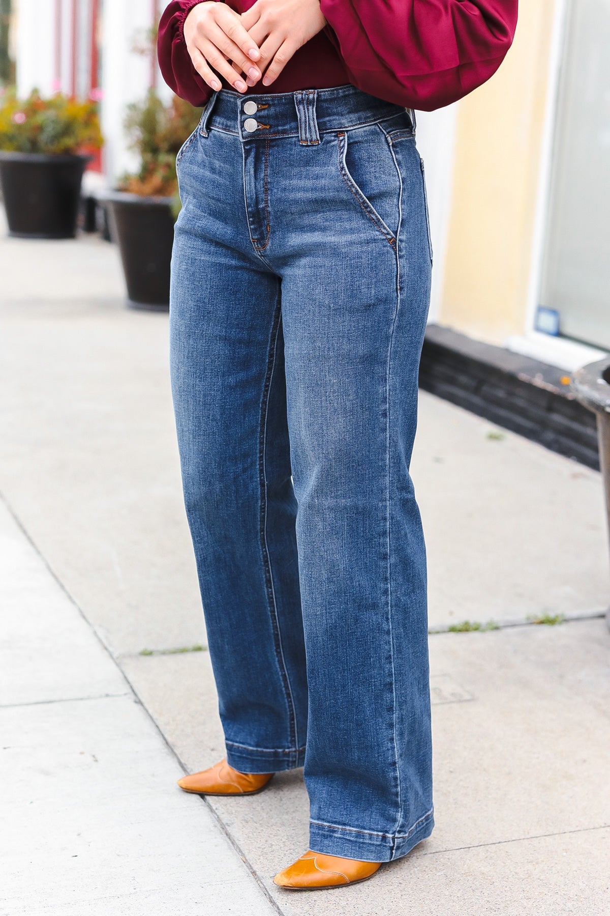 Judy Blue High Rise Double Button Crisscross Detail Wide Leg Jeans-Evelyns Fashion
