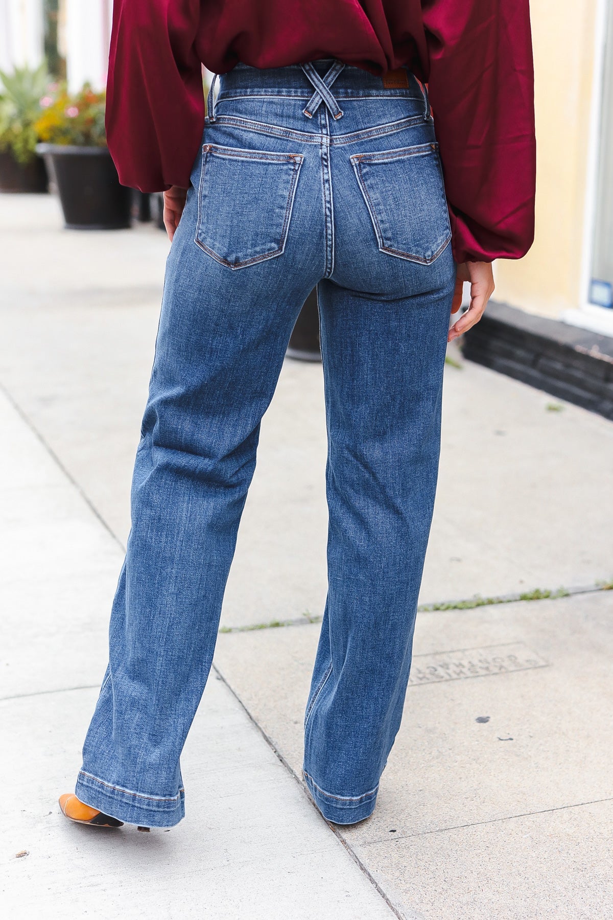 Judy Blue High Rise Double Button Crisscross Detail Wide Leg Jeans-Evelyns Fashion
