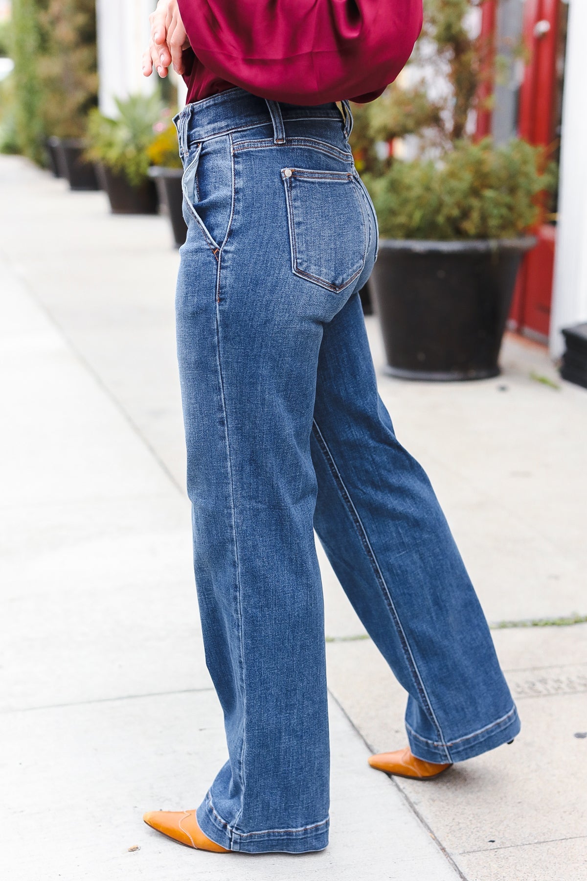 Judy Blue High Rise Double Button Crisscross Detail Wide Leg Jeans-Evelyns Fashion