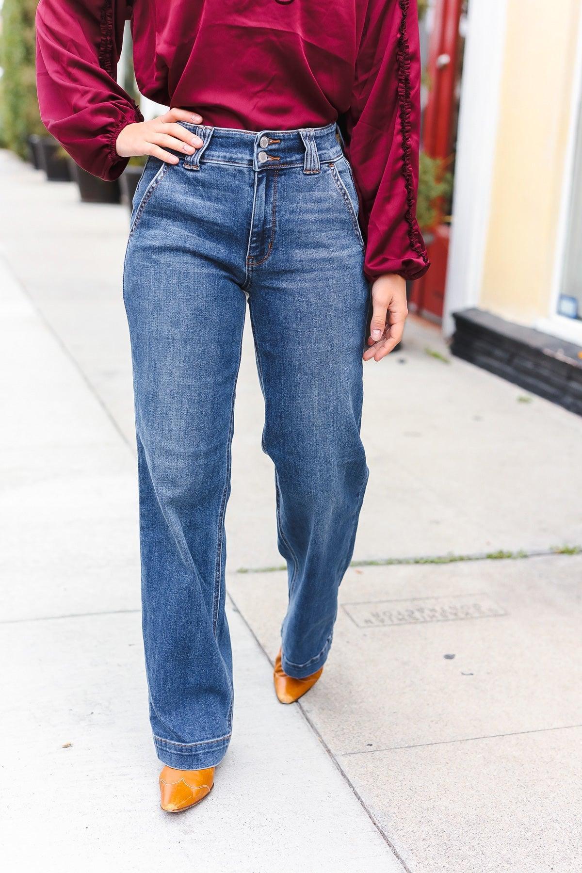 Judy Blue High Rise Double Button Crisscross Detail Wide Leg Jeans-Evelyns Fashion