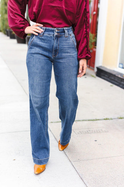 Judy Blue High Rise Double Button Crisscross Detail Wide Leg Jeans-Evelyns Fashion