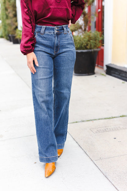 Judy Blue High Rise Double Button Crisscross Detail Wide Leg Jeans-Evelyns Fashion