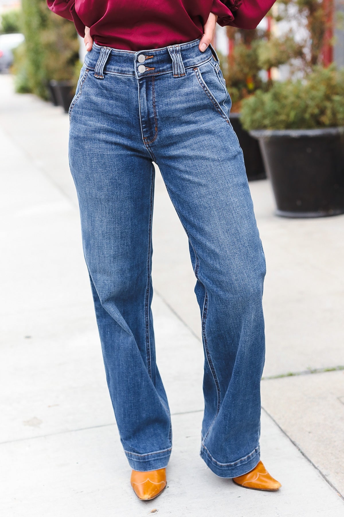 Judy Blue High Rise Double Button Crisscross Detail Wide Leg Jeans-Evelyns Fashion