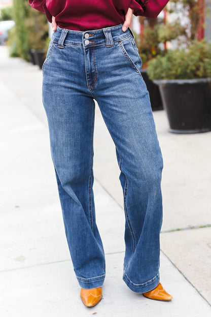 Judy Blue High Rise Double Button Crisscross Detail Wide Leg Jeans-Evelyns Fashion