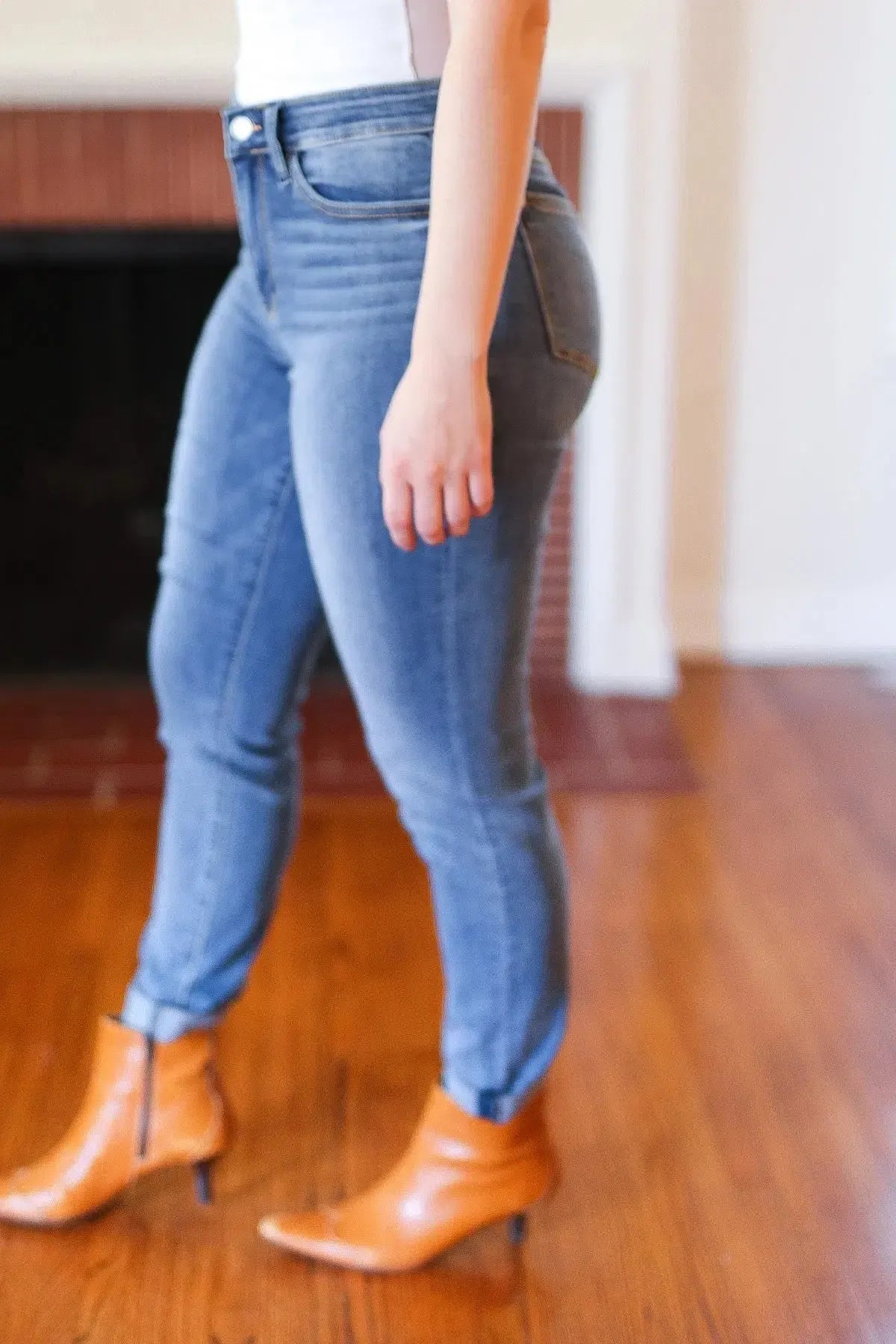 Judy Blue Medium Blue Mid-Rise Slim Fit Cuffed Jeans-Evelyns Fashion