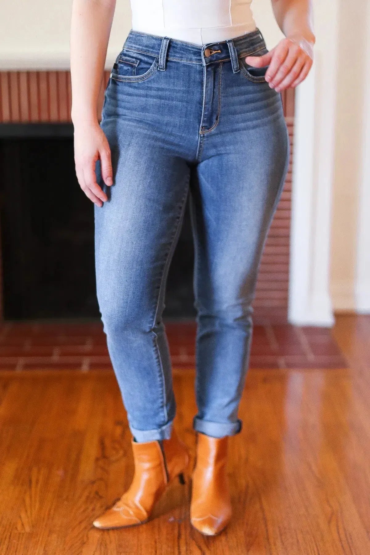 Judy Blue Medium Blue Mid-Rise Slim Fit Cuffed Jeans-Evelyns Fashion
