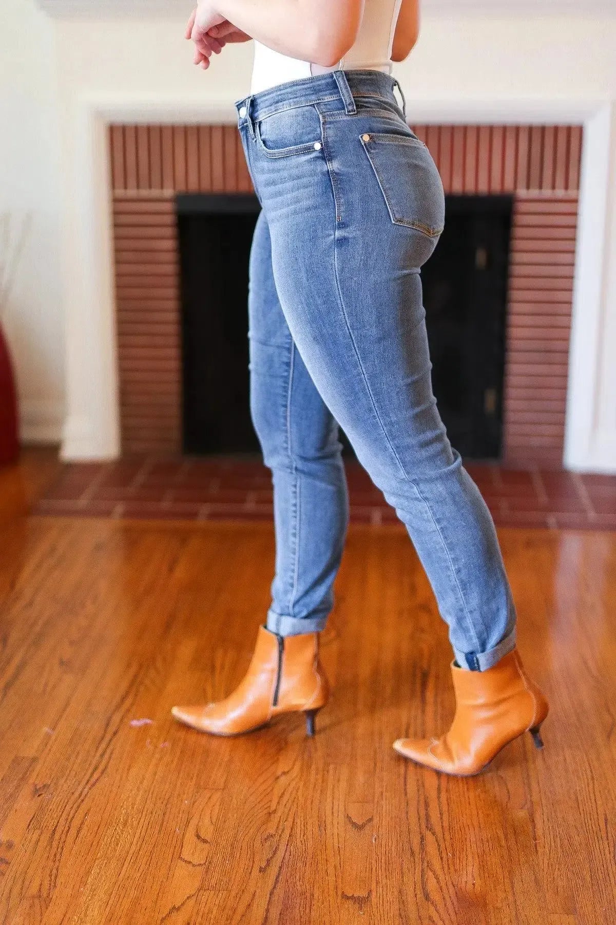 Judy Blue Medium Blue Mid-Rise Slim Fit Cuffed Jeans-Evelyns Fashion