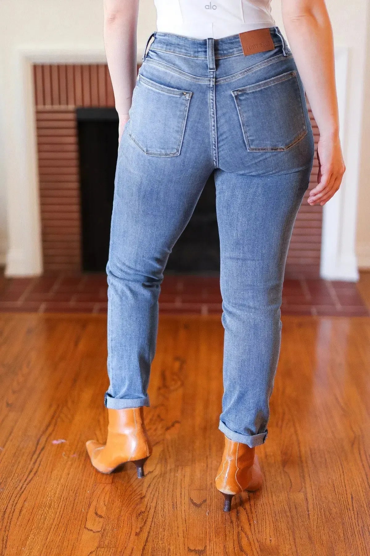 Judy Blue Medium Blue Mid-Rise Slim Fit Cuffed Jeans-Evelyns Fashion