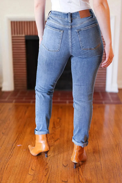 Judy Blue Medium Blue Mid-Rise Slim Fit Cuffed Jeans-Evelyns Fashion