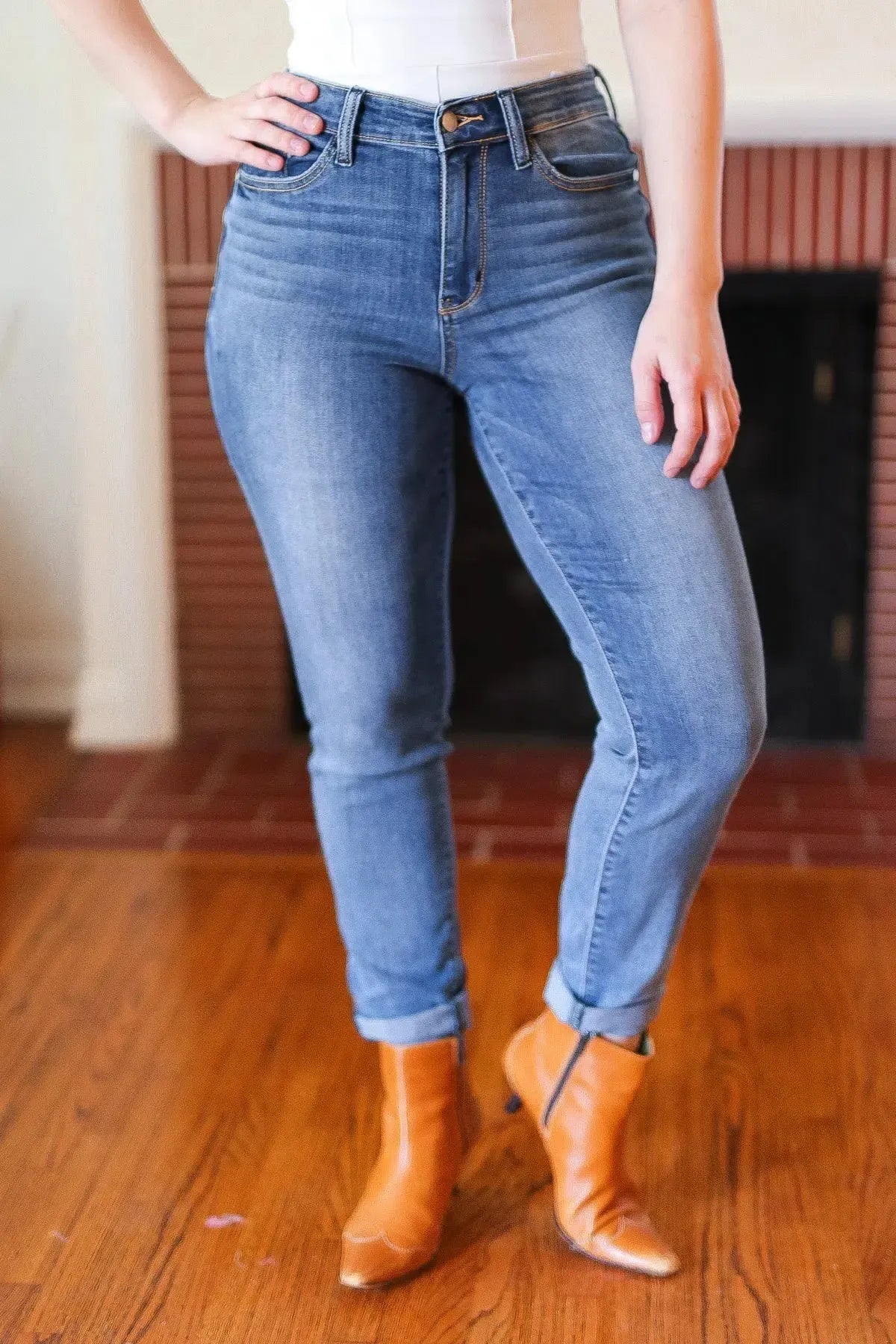 Judy Blue Medium Blue Mid-Rise Slim Fit Cuffed Jeans-Evelyns Fashion