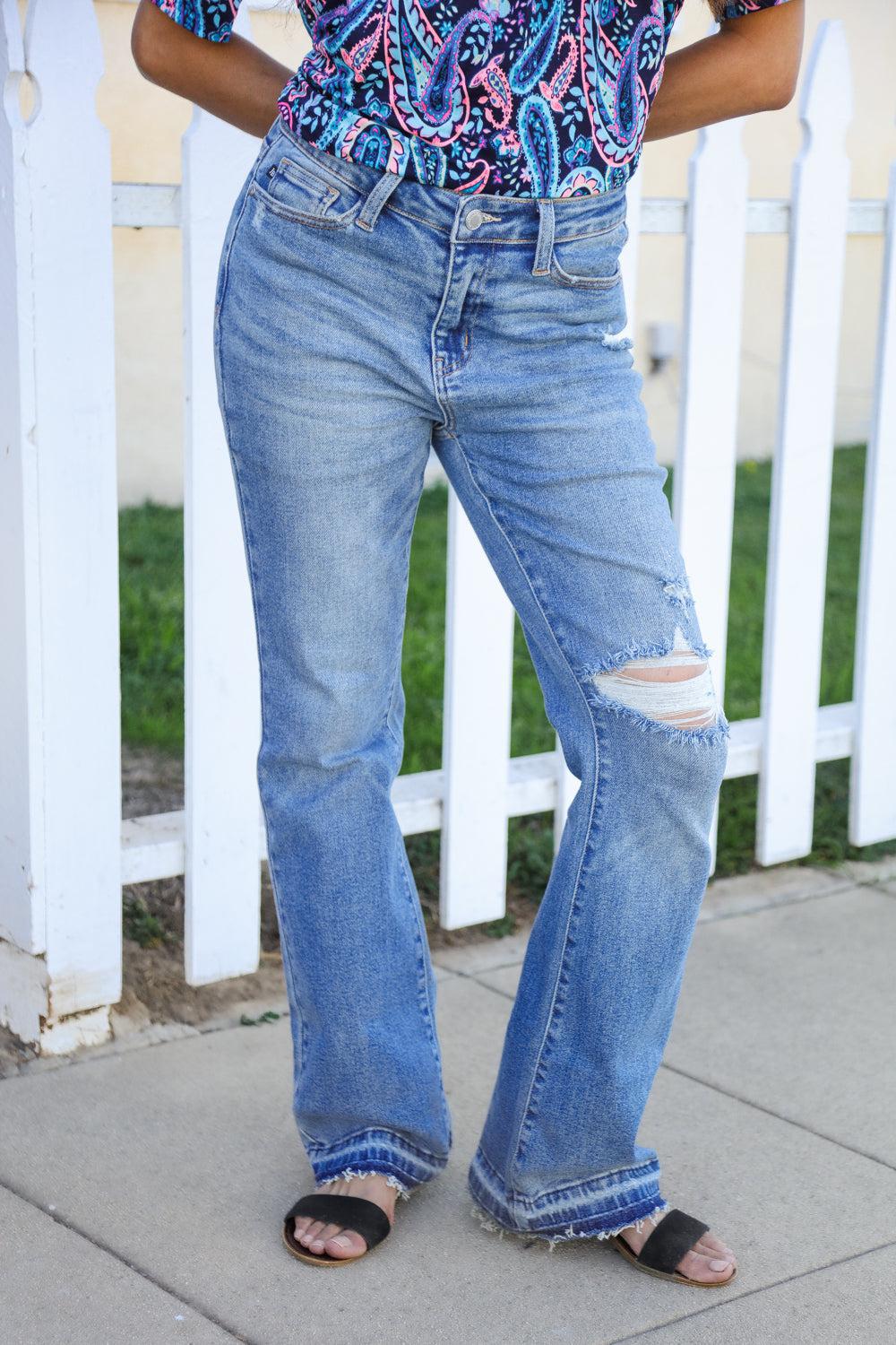 Judy Blue Medium Wash Mid Rise Release Hem Distressed Bootcut Jeans (Copy)-Evelyns Fashion